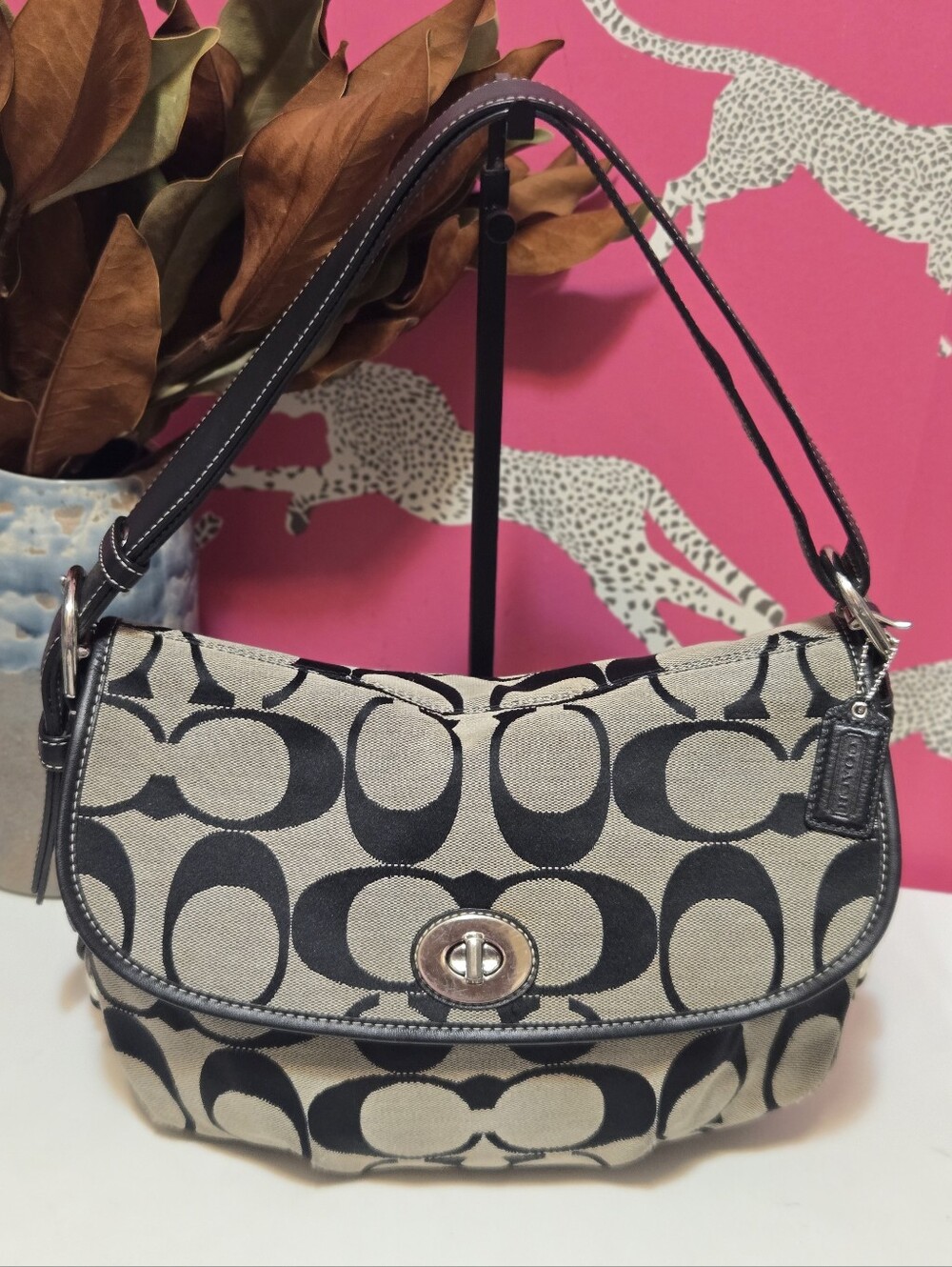 Coach Signature Canvas Turnlock Flap Black and Tan Vintage Y2K Shoulder Bag